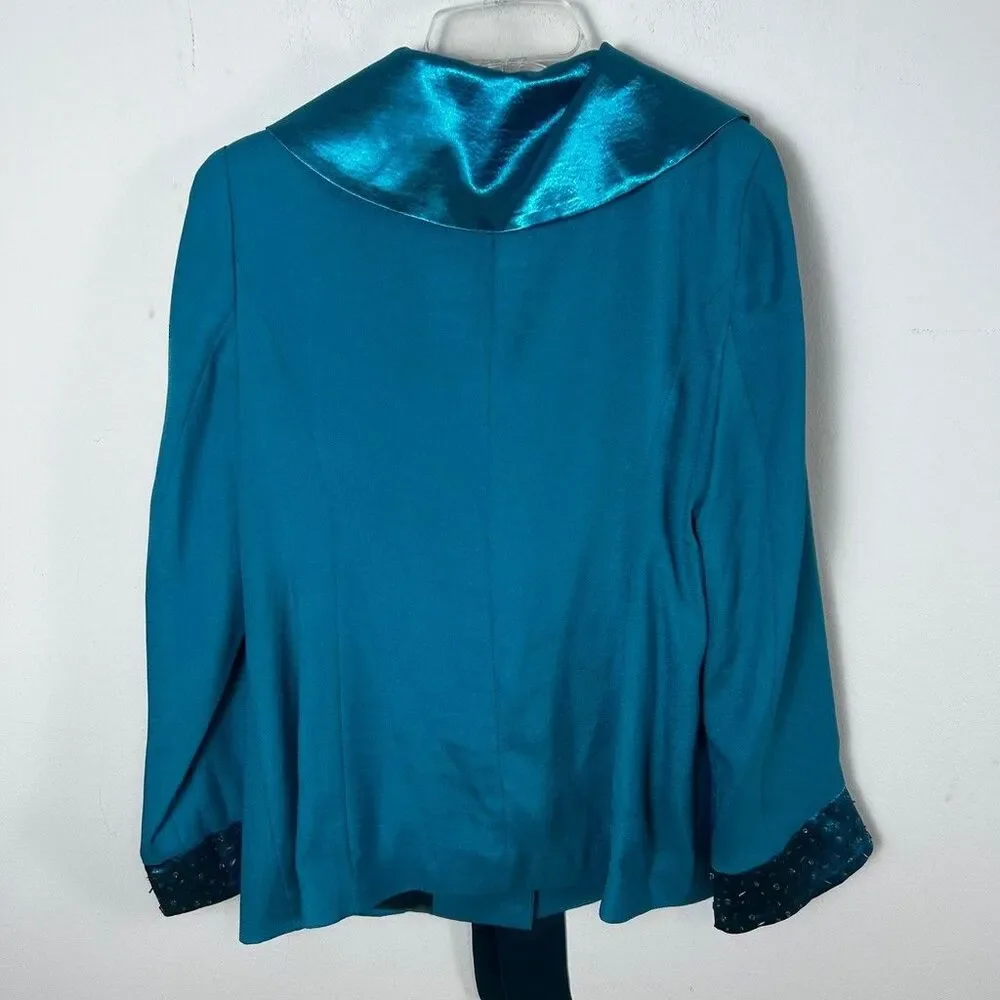 Midnight Velvet Skirt Suit Set Womens Size 8 Teal Blue Beaded Metallic Trim